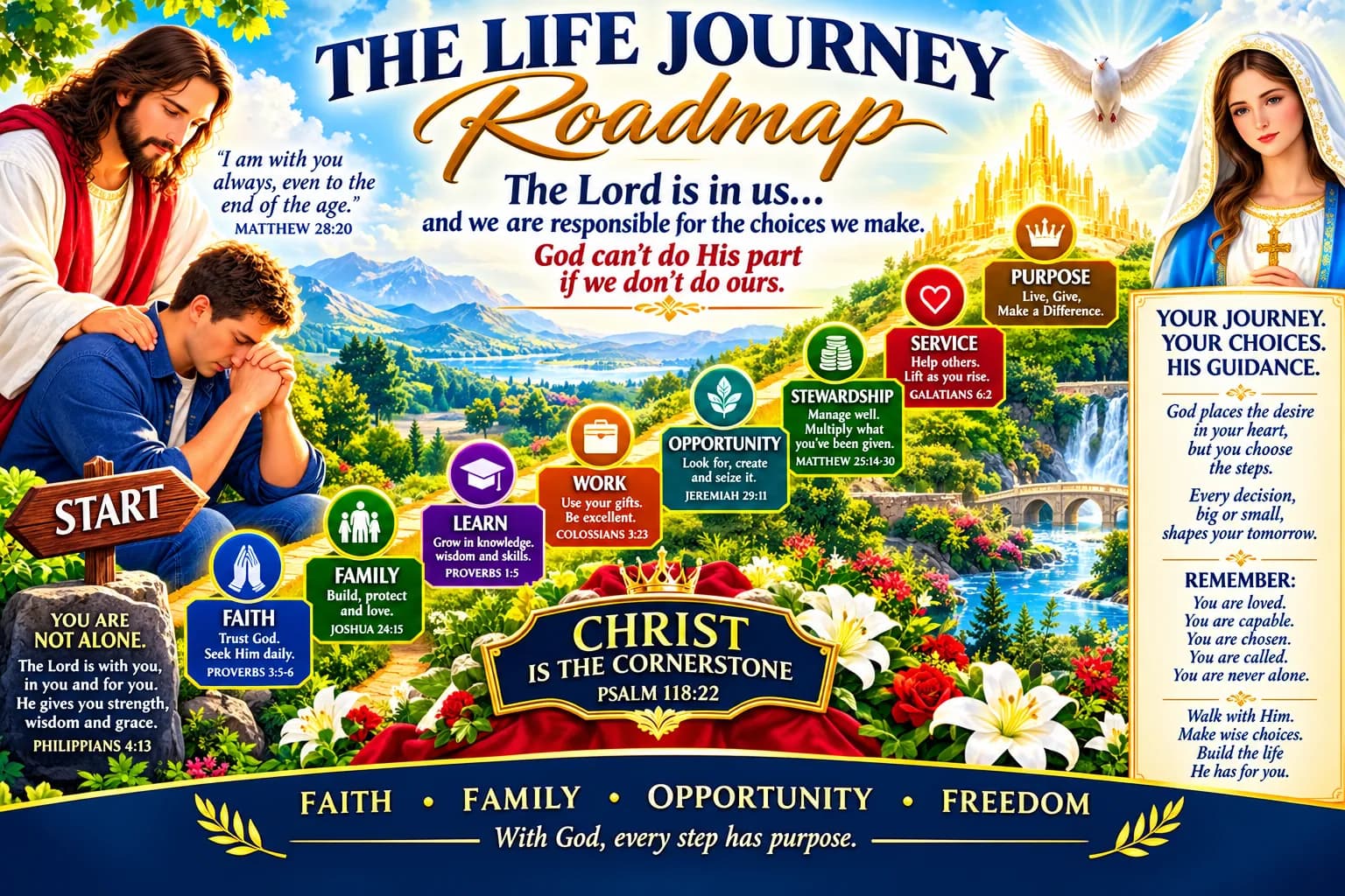 The Life Journey Roadmap: a path from Start through Faith, Family, Learn, Work, Opportunity, Stewardship, Service, and Purpose, with Christ as the Cornerstone (Psalm 118:22).